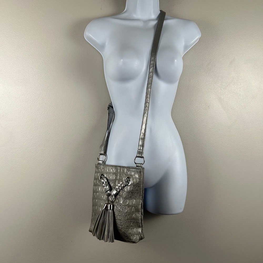 Bueno Metallic Silver Pewter Croc Embossed Tassel Crossbody Bag